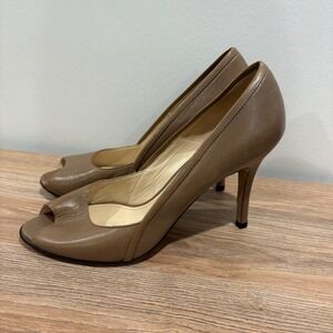 Max Mara Classic Peep Toe Pumps Women Taupe Size 37.5 Leather Stiletto Heels